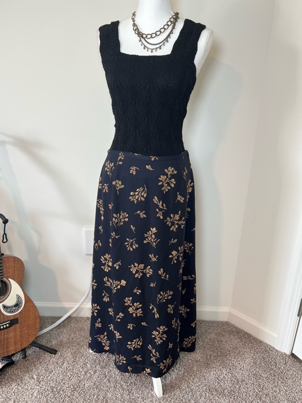 Chaus 80s/90s Vintage Boho Cottagecore Floral Maxi Skirt Black Brown Yellow 🌼🖤